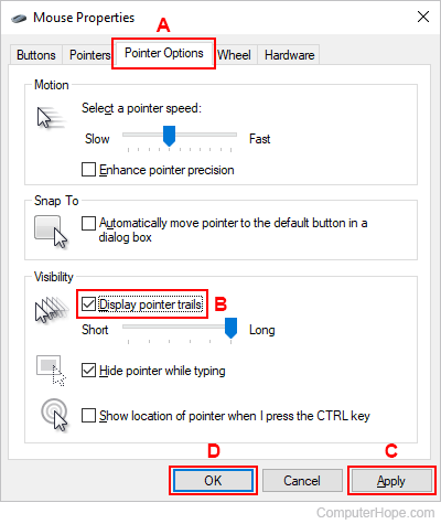 Enabling mouse pointer trails in Windows.