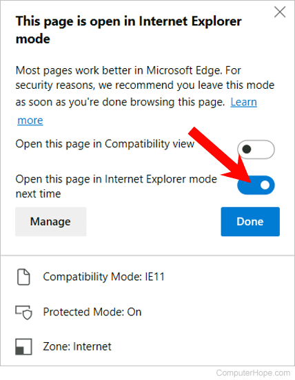 Microsoft Edge toggle to always open web page in Internet Explorer mode.