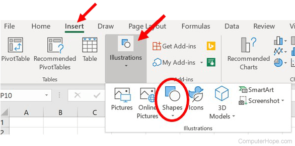 Microsoft Excel - Shapes option on Insert tab