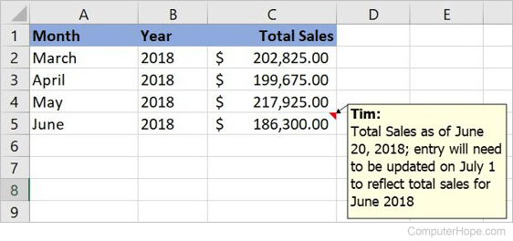 Comment in Microsoft Excel 2016