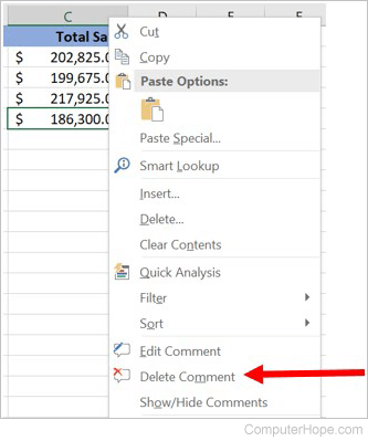 Delete comment in Microsoft Excel