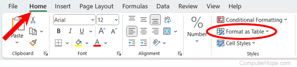 Format as Table option for data in Microsoft Excel.