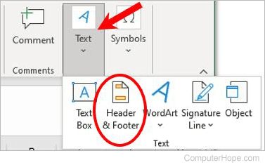 Add header or footer through Text menu in Microsoft Excel Ribbon