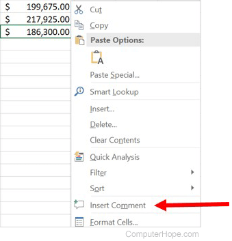 Insert comment in Microsoft Excel