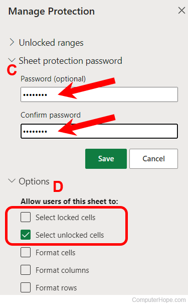 Excel Online worksheet protections - set password and select options.