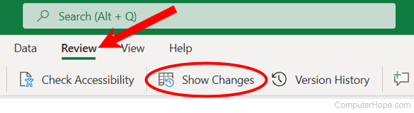 Show Changes option in Microsoft Excel Online.