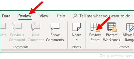 Review tab - Protect worksheet option in Microsoft Excel