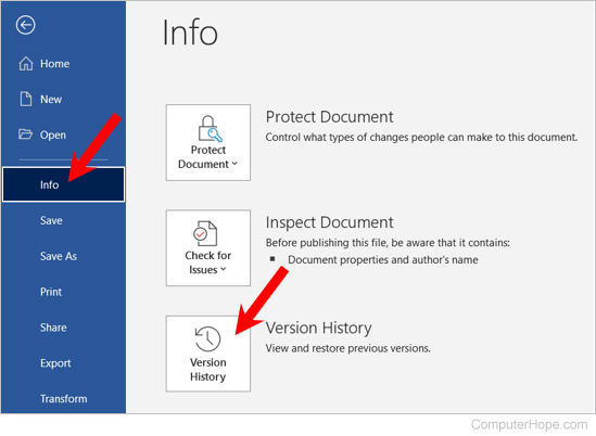 Version History option in Microsoft Office 365 application