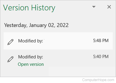 Version history list in Microsoft Office 365 application