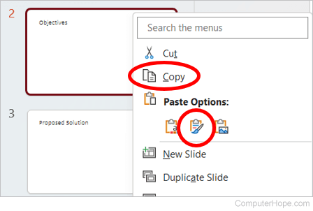 Copy and paste a slide in Microsoft PowerPoint.