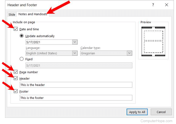 Add header and footer elements to notes pages and printed handouts in Microsoft PowerPoint