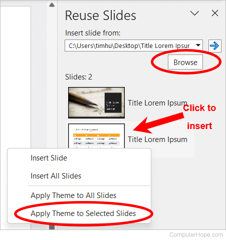 Insert slide from another presentation in PowerPoint.