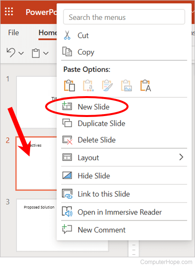 Add a new slide in Microsoft PowerPoint Online.