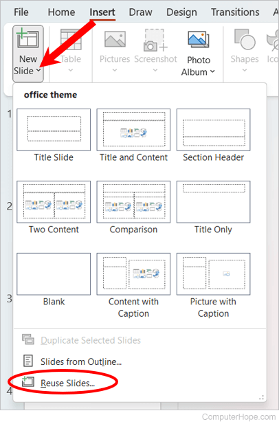Reuse Slides option in Microsoft PowerPoint Add slide menu.