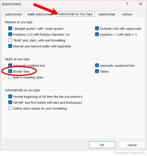 Enable border lines in Microsoft Word AutoFormat options.