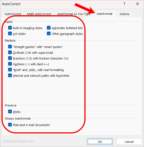 AutoFormat settings in Microsoft Word 365.