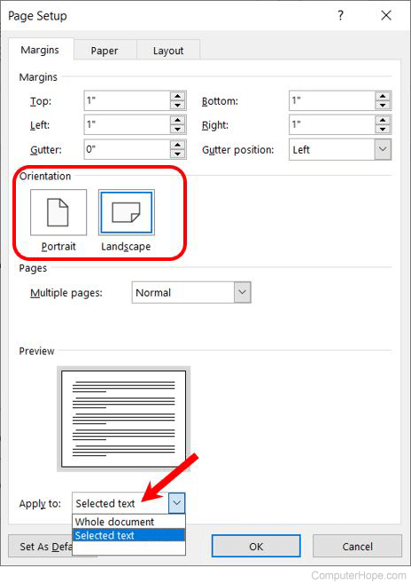 Change page orientation for a page in Microsoft Word