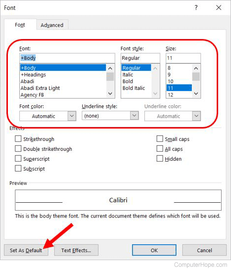 Default font settings in Microsoft Word