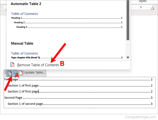 Remove a table of contents in Microsoft Word desktop application.