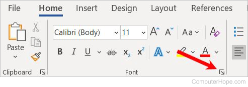 Access the font settings window in Microsoft Word