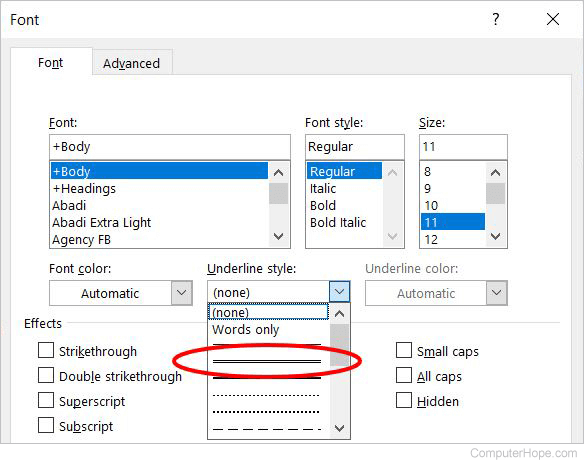 Double underline option in font settings window in Microsoft Word