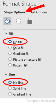 No fill and No line options to format a shape in Microsoft Word.