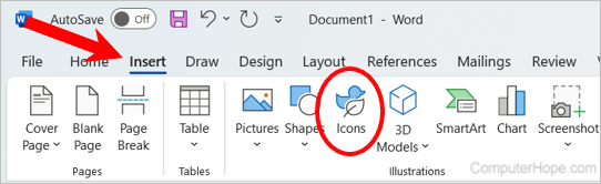 Insert Icons option in Microsoft Word.