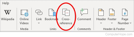 Cross reference option in Microsoft Word Ribbon