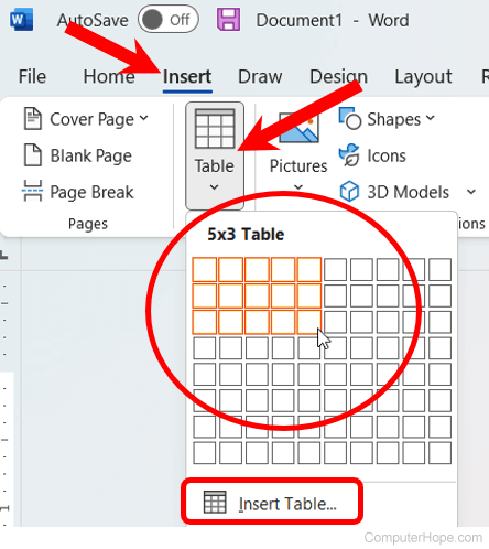 Insert a table in Microsoft Word.