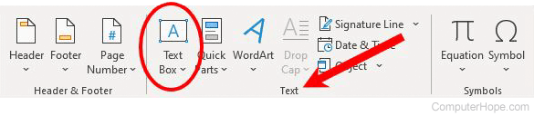 Text Box option in Text section of the Insert tab in Microsoft Word.