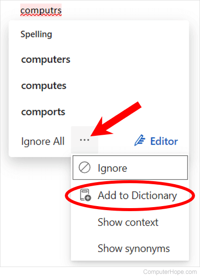 Adding a word to the Microsoft Word Online dictionary.