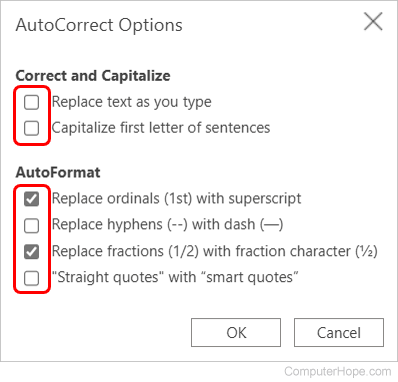 AutoCorrect Options in Microsoft Word Online.
