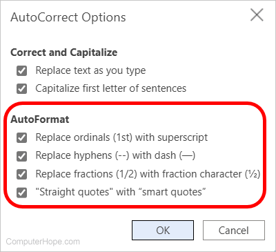 AutoFormat options in Microsoft Word Online.