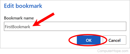 Enter name for a bookmark in Microsoft Word Online.