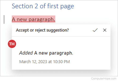 Viewing details about a change in a Word Online document.