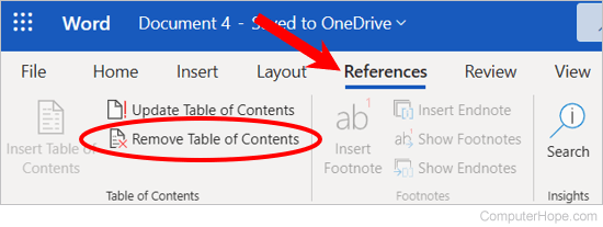 Remove a table of contents in Microsoft Word Online.