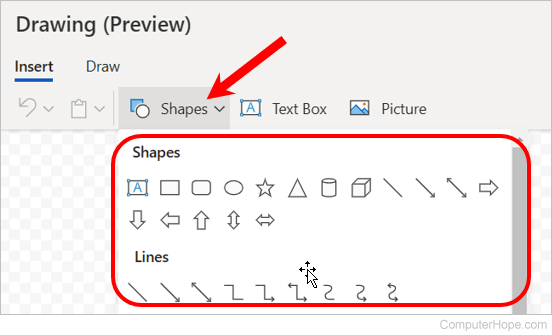 Microsoft Word Online - add a shape in Drawing window