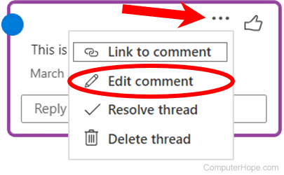 Edit comment option in Microsoft Word Online.