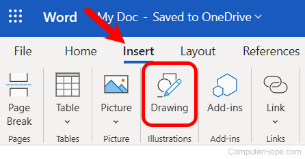 Drawing option on the Insert tab of Microsoft Word Online.