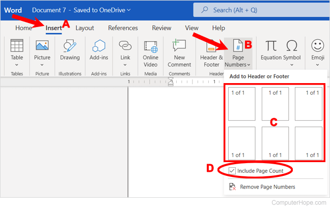 Insert page number in Microsoft Word Online document.