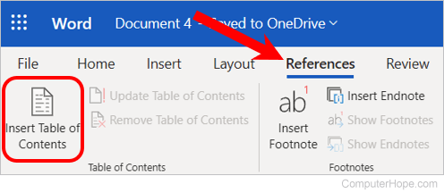 Insert Table of Contents option in Microsoft Word Online.