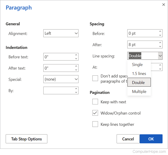 Microsoft Word Online line spacing options.