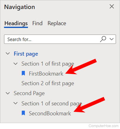 Navigation pane showing all bookmarks in Microsoft Word Online.