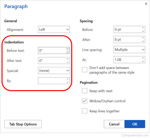 Microsoft Word Online - Paragraph window with Indentation settings.