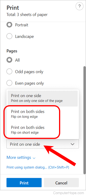 Print double-sided settings in Microsoft Word Online.