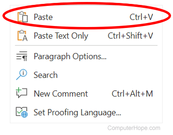 Paste option in Microsoft Word Online pop-up menu