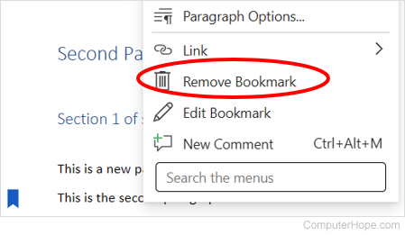Microsoft Word - Remove Bookmark option