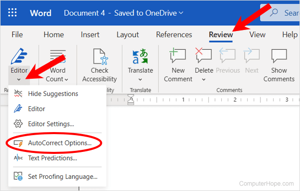 Microsoft Word Online AutoCorrect Options menu option on Review tab.
