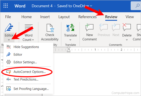 Editor and AutoCorrect Options selection in Microsoft Word Online Ribbon.