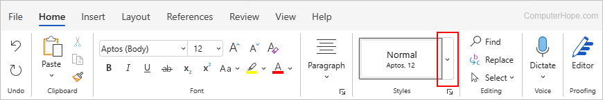 Down arrow for more options in the Styles section of Microsoft Word online.